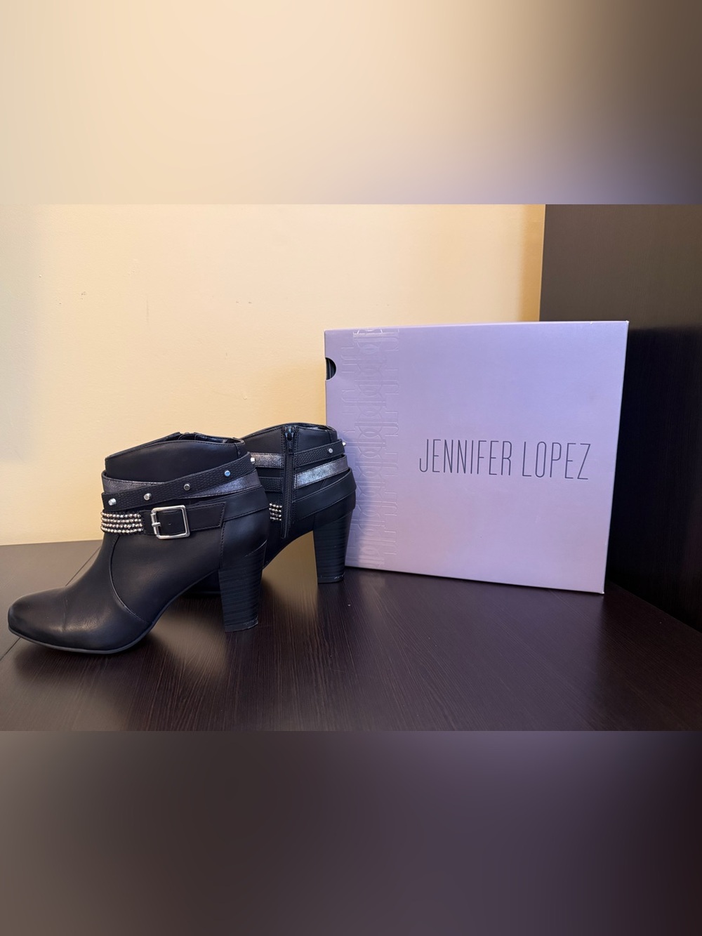 Jennifer Lopez 3 inch heel Black Ankle Boots with Stud and Buckle Detail Size 7